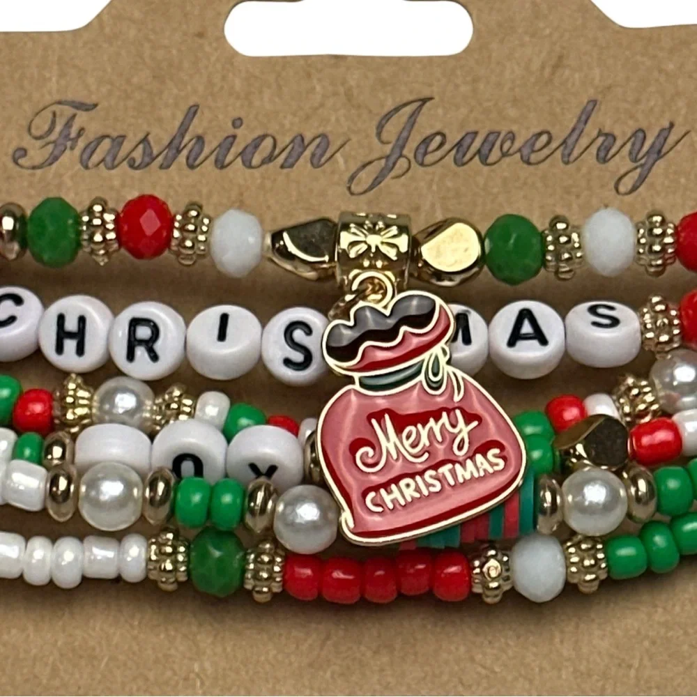 Festive Stretchy Christmas Beaded Bracelet Set Red Green Gold Holiday Jewelry